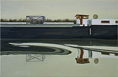 Péniche avec cage d´enfant, 1996, Öl auf Leinwand, 20 x 30 cm