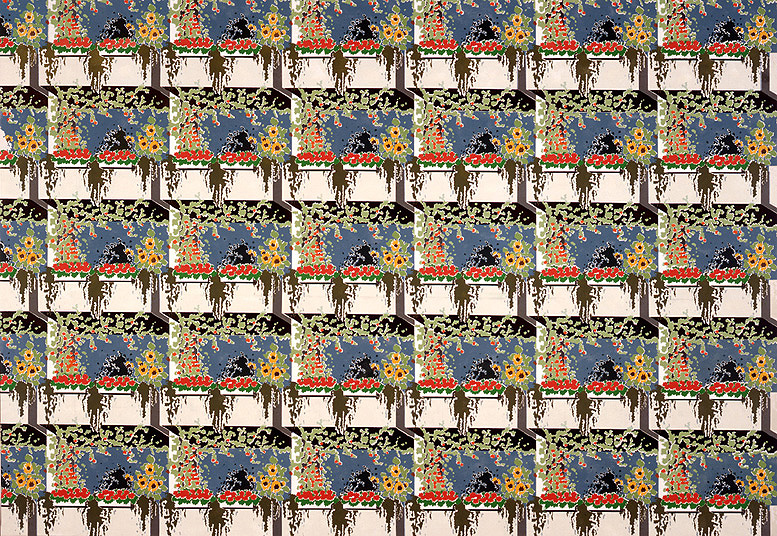 Petuniendorf, 1991, Öl auf Leinwand, 140 x 208 cm